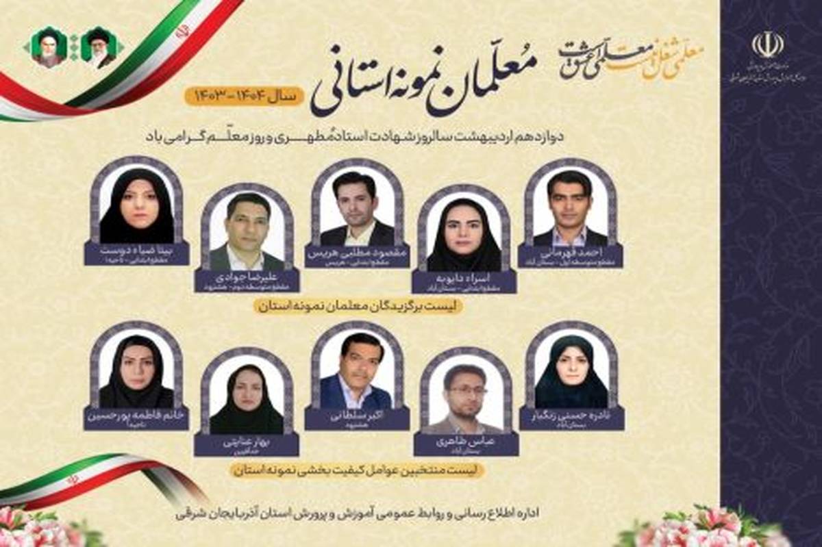 معرفی معلمان و عوامل نمونه کیفیتبخشی مدارس آذربایجانشرقی در سال تحصیلی ۱۴۰۴-۱۴۰۳